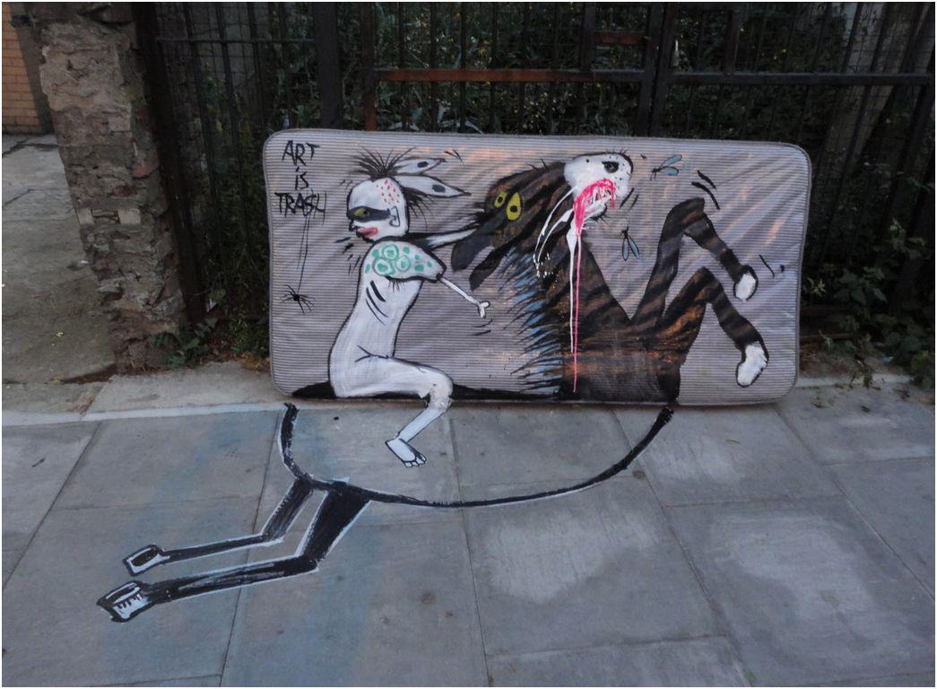 garbage painted to look human monsters faces francisco de pajaro london banksy brick lane 17 meh